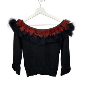 Elaris black 3/4 Sleeve Sweater Top with soft feathers around the top.
